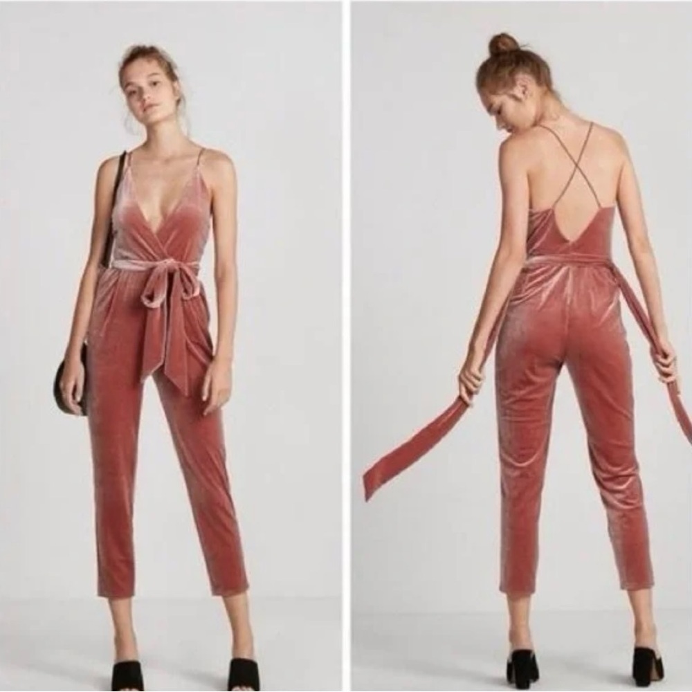 Express dusty pink velvet sleeveless belted jumpsuit